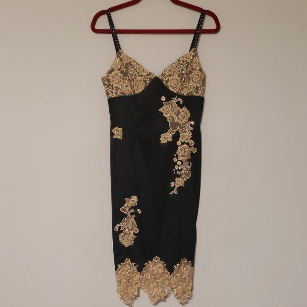 Cache Black Lace Beaded Cocktail Dress